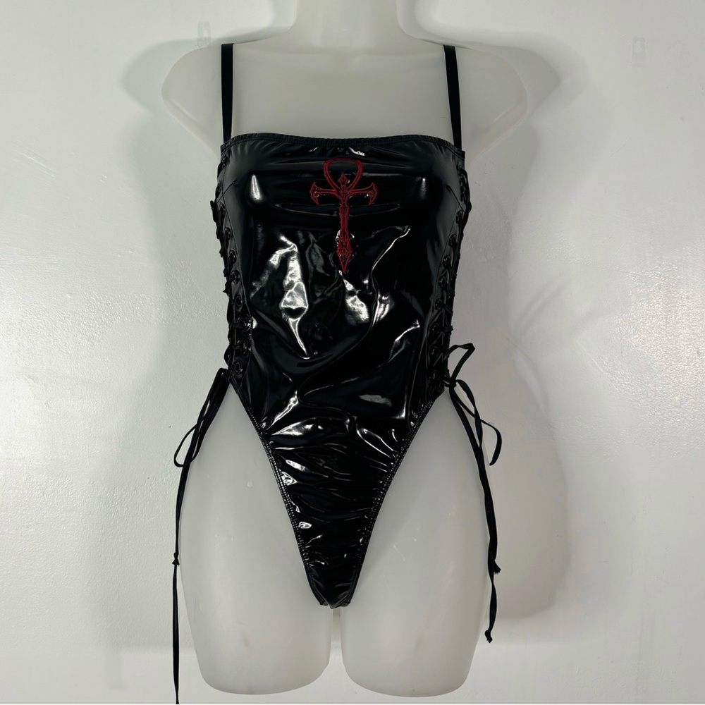 Widow Black Latex Lace up Thong Bodysuit Red embroidered Cross Square Neckline